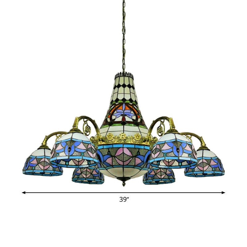Curved Arm Ceiling Chandelier 11 Lights Stained Glass Mediterranean Hanging Ceiling Light in Pink and Blue/Purplish Blue Clearhalo 'Ceiling Lights' 'Chandeliers' 'Glass shade' 'Glass' 'Industrial' 'Middle Century Chandeliers' 'Tiffany Chandeliers' 'Tiffany close to ceiling' 'Tiffany' Lighting' 293226