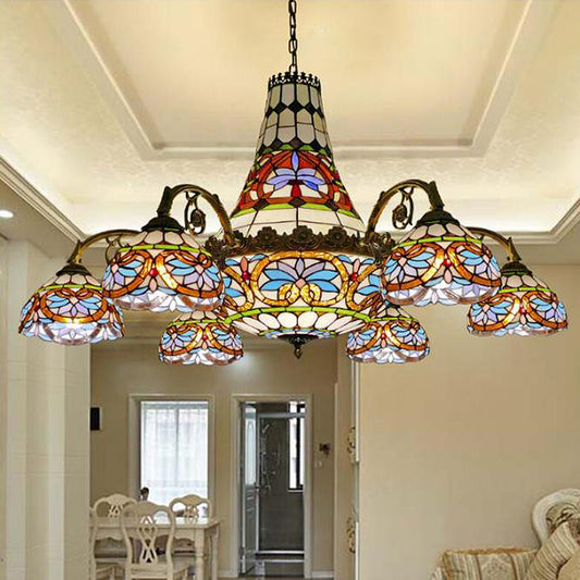 Curved Arm Ceiling Chandelier 11 Lights Stained Glass Mediterranean Hanging Ceiling Light in Pink and Blue/Purplish Blue Pink-Blue Clearhalo 'Ceiling Lights' 'Chandeliers' 'Glass shade' 'Glass' 'Industrial' 'Middle Century Chandeliers' 'Tiffany Chandeliers' 'Tiffany close to ceiling' 'Tiffany' Lighting' 293227
