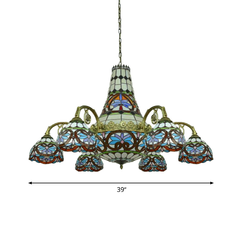Curved Arm Ceiling Chandelier 11 Lights Stained Glass Mediterranean Hanging Ceiling Light in Pink and Blue/Purplish Blue Clearhalo 'Ceiling Lights' 'Chandeliers' 'Glass shade' 'Glass' 'Industrial' 'Middle Century Chandeliers' 'Tiffany Chandeliers' 'Tiffany close to ceiling' 'Tiffany' Lighting' 293230