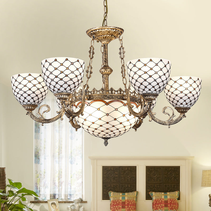 Beaded Chandelier Tiffany Style Stained Glass 3/5/9 Lights Antique Brass Hanging Pendant, 23"/24.5"/31.5" Wide Antique Brass 35.5" Clearhalo 'Ceiling Lights' 'Chandeliers' 'Glass shade' 'Glass' 'Industrial' 'Middle Century Chandeliers' 'Tiffany Chandeliers' 'Tiffany close to ceiling' 'Tiffany' Lighting' 293231