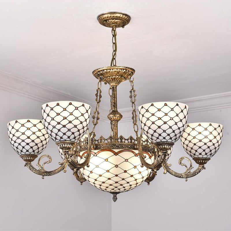 Beaded Chandelier Tiffany Style Stained Glass 3/5/9 Lights Antique Brass Hanging Pendant, 23"/24.5"/31.5" Wide Clearhalo 'Ceiling Lights' 'Chandeliers' 'Glass shade' 'Glass' 'Industrial' 'Middle Century Chandeliers' 'Tiffany Chandeliers' 'Tiffany close to ceiling' 'Tiffany' Lighting' 293232