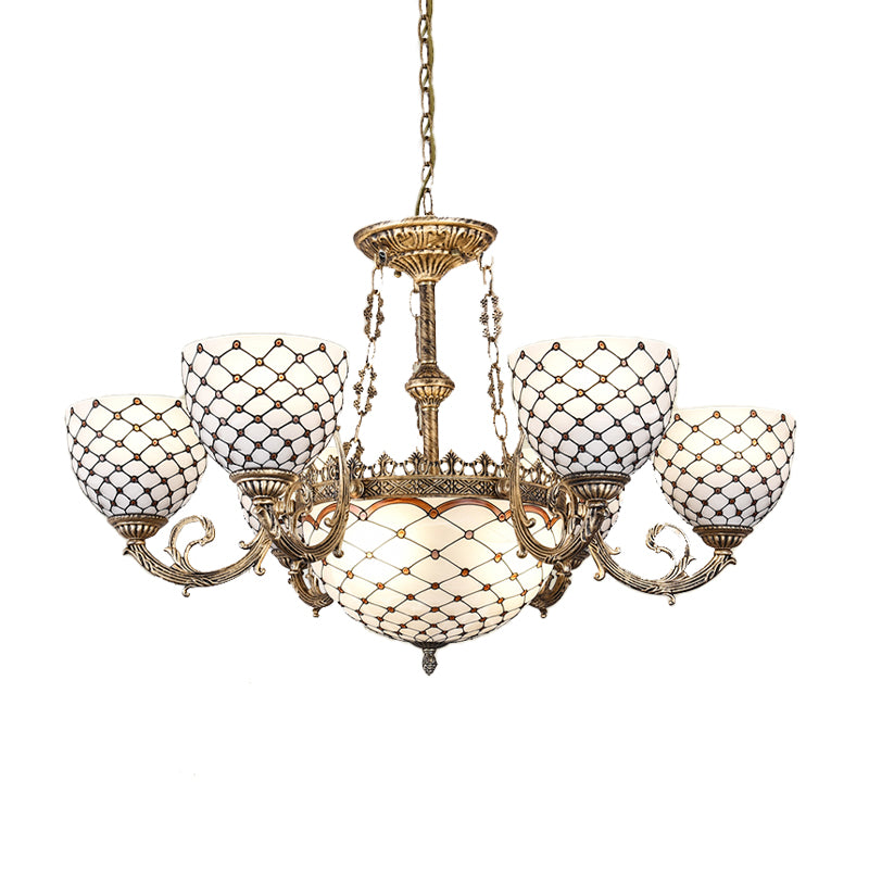 Beaded Chandelier Tiffany Style Stained Glass 3/5/9 Lights Antique Brass Hanging Pendant, 23"/24.5"/31.5" Wide Clearhalo 'Ceiling Lights' 'Chandeliers' 'Glass shade' 'Glass' 'Industrial' 'Middle Century Chandeliers' 'Tiffany Chandeliers' 'Tiffany close to ceiling' 'Tiffany' Lighting' 293234