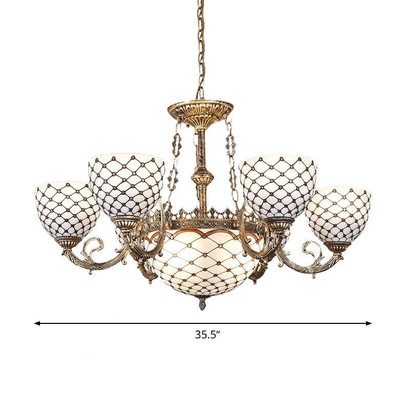 Beaded Chandelier Tiffany Style Stained Glass 3/5/9 Lights Antique Brass Hanging Pendant, 23"/24.5"/31.5" Wide Clearhalo 'Ceiling Lights' 'Chandeliers' 'Glass shade' 'Glass' 'Industrial' 'Middle Century Chandeliers' 'Tiffany Chandeliers' 'Tiffany close to ceiling' 'Tiffany' Lighting' 293235