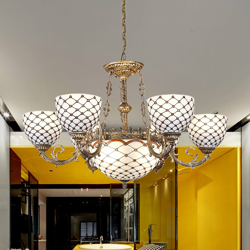 Beaded Chandelier Tiffany Style Stained Glass 3/5/9 Lights Antique Brass Hanging Pendant, 23"/24.5"/31.5" Wide Antique Brass 31.5" Clearhalo 'Ceiling Lights' 'Chandeliers' 'Glass shade' 'Glass' 'Industrial' 'Middle Century Chandeliers' 'Tiffany Chandeliers' 'Tiffany close to ceiling' 'Tiffany' Lighting' 293236