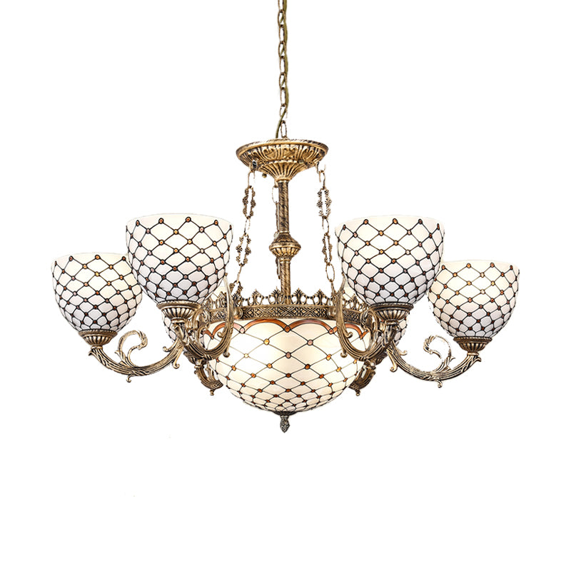 Beaded Chandelier Tiffany Style Stained Glass 3/5/9 Lights Antique Brass Hanging Pendant, 23"/24.5"/31.5" Wide Clearhalo 'Ceiling Lights' 'Chandeliers' 'Glass shade' 'Glass' 'Industrial' 'Middle Century Chandeliers' 'Tiffany Chandeliers' 'Tiffany close to ceiling' 'Tiffany' Lighting' 293238