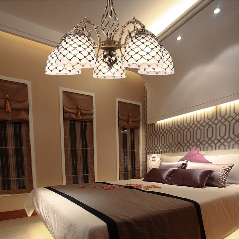 Beaded Chandelier Tiffany Style Stained Glass 3/5/9 Lights Antique Brass Hanging Pendant, 23"/24.5"/31.5" Wide Clearhalo 'Ceiling Lights' 'Chandeliers' 'Glass shade' 'Glass' 'Industrial' 'Middle Century Chandeliers' 'Tiffany Chandeliers' 'Tiffany close to ceiling' 'Tiffany' Lighting' 293241