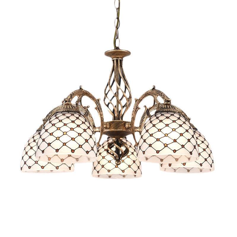 Beaded Chandelier Tiffany Style Stained Glass 3/5/9 Lights Antique Brass Hanging Pendant, 23"/24.5"/31.5" Wide Clearhalo 'Ceiling Lights' 'Chandeliers' 'Glass shade' 'Glass' 'Industrial' 'Middle Century Chandeliers' 'Tiffany Chandeliers' 'Tiffany close to ceiling' 'Tiffany' Lighting' 293242