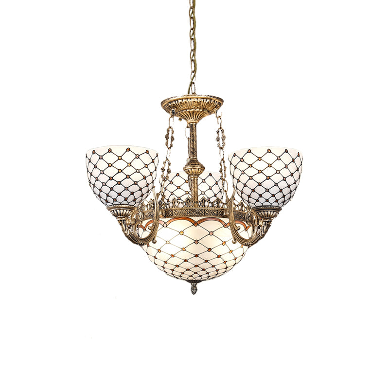 Beaded Chandelier Tiffany Style Stained Glass 3/5/9 Lights Antique Brass Hanging Pendant, 23"/24.5"/31.5" Wide Clearhalo 'Ceiling Lights' 'Chandeliers' 'Glass shade' 'Glass' 'Industrial' 'Middle Century Chandeliers' 'Tiffany Chandeliers' 'Tiffany close to ceiling' 'Tiffany' Lighting' 293246