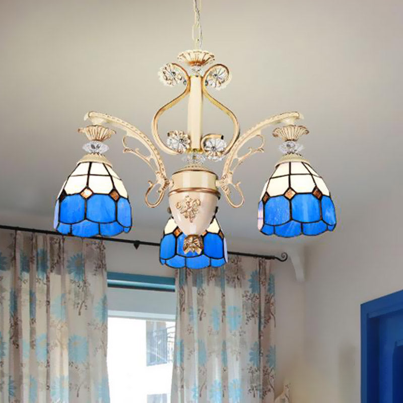 Baroque Dome Shape Chandelier Light 5/9/11 Lights Cut Glass Pendant Lighting Fixture in Blue, 23.5"/31.5"/35.5" Wide Blue 21.5" Clearhalo 'Ceiling Lights' 'Chandeliers' 'Glass shade' 'Glass' 'Industrial' 'Island Lights' 'Middle Century Chandeliers' 'Tiffany Chandeliers' 'Tiffany close to ceiling' 'Tiffany' Lighting' 293249