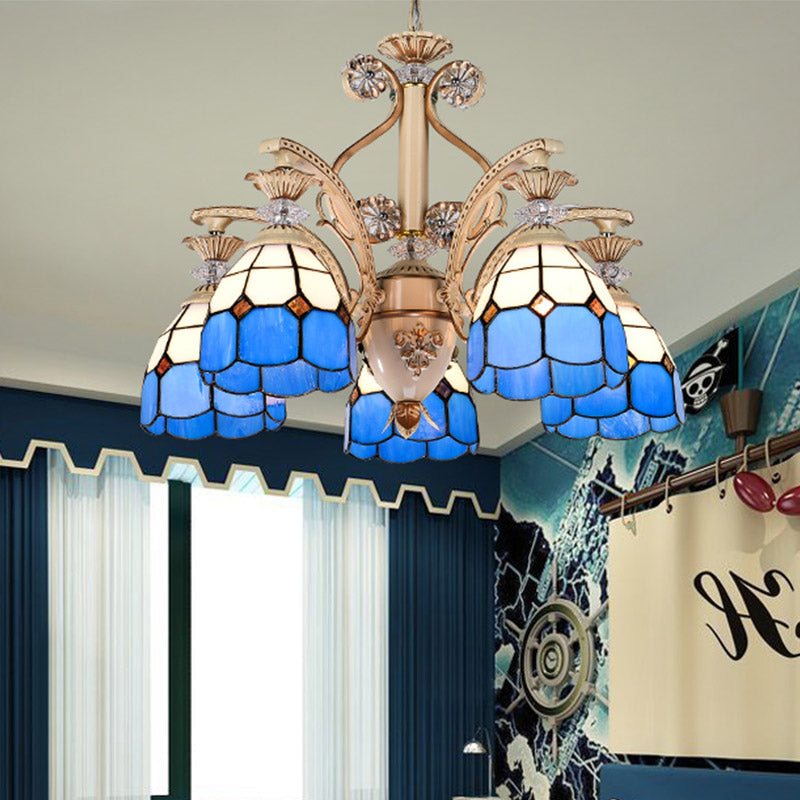 Baroque Dome Shape Chandelier Light 5/9/11 Lights Cut Glass Pendant Lighting Fixture in Blue, 23.5"/31.5"/35.5" Wide Blue 23.5" Clearhalo 'Ceiling Lights' 'Chandeliers' 'Glass shade' 'Glass' 'Industrial' 'Island Lights' 'Middle Century Chandeliers' 'Tiffany Chandeliers' 'Tiffany close to ceiling' 'Tiffany' Lighting' 293255