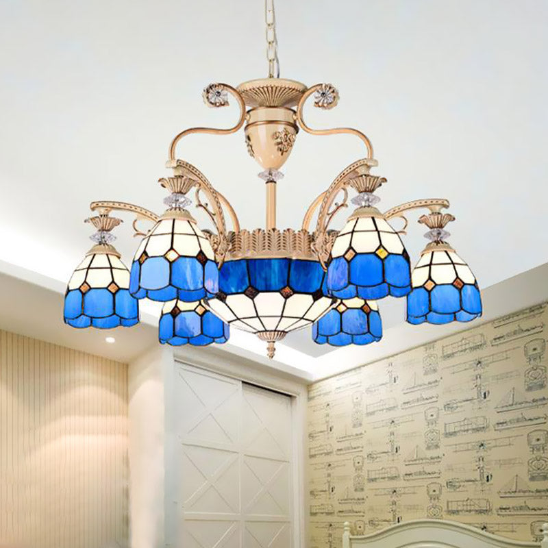 Baroque Dome Shape Chandelier Light 5/9/11 Lights Cut Glass Pendant Lighting Fixture in Blue, 23.5"/31.5"/35.5" Wide Blue 31.5" Clearhalo 'Ceiling Lights' 'Chandeliers' 'Glass shade' 'Glass' 'Industrial' 'Island Lights' 'Middle Century Chandeliers' 'Tiffany Chandeliers' 'Tiffany close to ceiling' 'Tiffany' Lighting' 293258