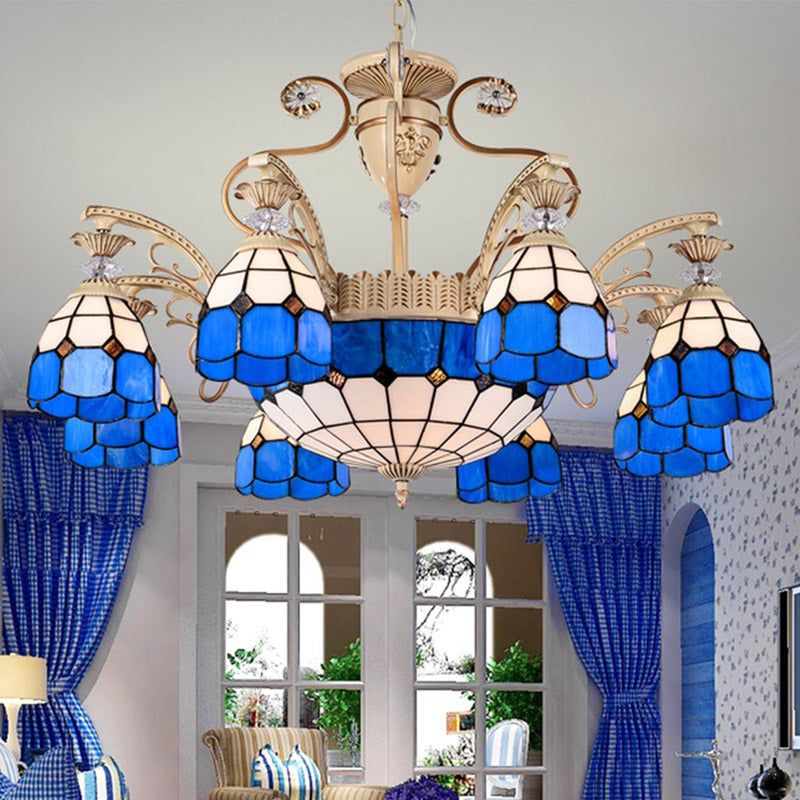 Baroque Dome Shape Chandelier Light 5/9/11 Lights Cut Glass Pendant Lighting Fixture in Blue, 23.5"/31.5"/35.5" Wide Blue 35.5" Clearhalo 'Ceiling Lights' 'Chandeliers' 'Glass shade' 'Glass' 'Industrial' 'Island Lights' 'Middle Century Chandeliers' 'Tiffany Chandeliers' 'Tiffany close to ceiling' 'Tiffany' Lighting' 293261