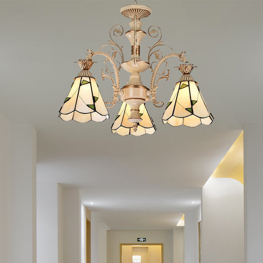 3/5 Lights Chandelier Lighting Fixture Baroque Stained Glass Drop Lamp in White and Gold 3 White-Gold Clearhalo 'Ceiling Lights' 'Chandeliers' 'Industrial' 'Middle Century Chandeliers' 'Tiffany Chandeliers' 'Tiffany close to ceiling' 'Tiffany' Lighting' 293289