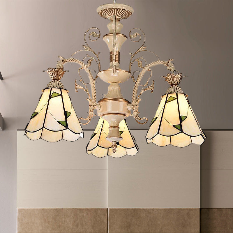 3/5 Lights Chandelier Lighting Fixture Baroque Stained Glass Drop Lamp in White and Gold Clearhalo 'Ceiling Lights' 'Chandeliers' 'Industrial' 'Middle Century Chandeliers' 'Tiffany Chandeliers' 'Tiffany close to ceiling' 'Tiffany' Lighting' 293290