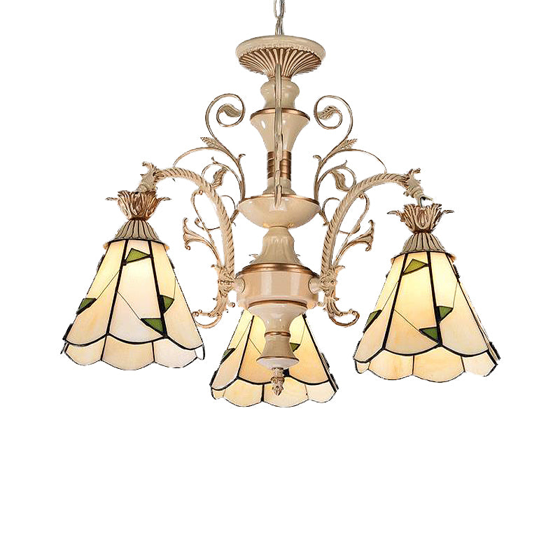 3/5 Lights Chandelier Lighting Fixture Baroque Stained Glass Drop Lamp in White and Gold Clearhalo 'Ceiling Lights' 'Chandeliers' 'Industrial' 'Middle Century Chandeliers' 'Tiffany Chandeliers' 'Tiffany close to ceiling' 'Tiffany' Lighting' 293292