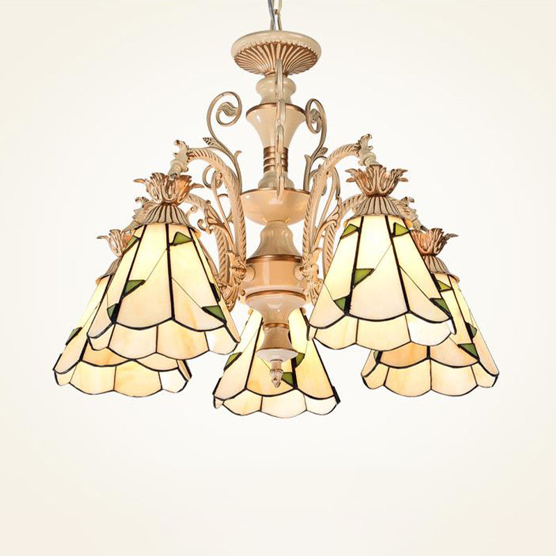 3/5 Lights Chandelier Lighting Fixture Baroque Stained Glass Drop Lamp in White and Gold 5 White-Gold Clearhalo 'Ceiling Lights' 'Chandeliers' 'Industrial' 'Middle Century Chandeliers' 'Tiffany Chandeliers' 'Tiffany close to ceiling' 'Tiffany' Lighting' 293295