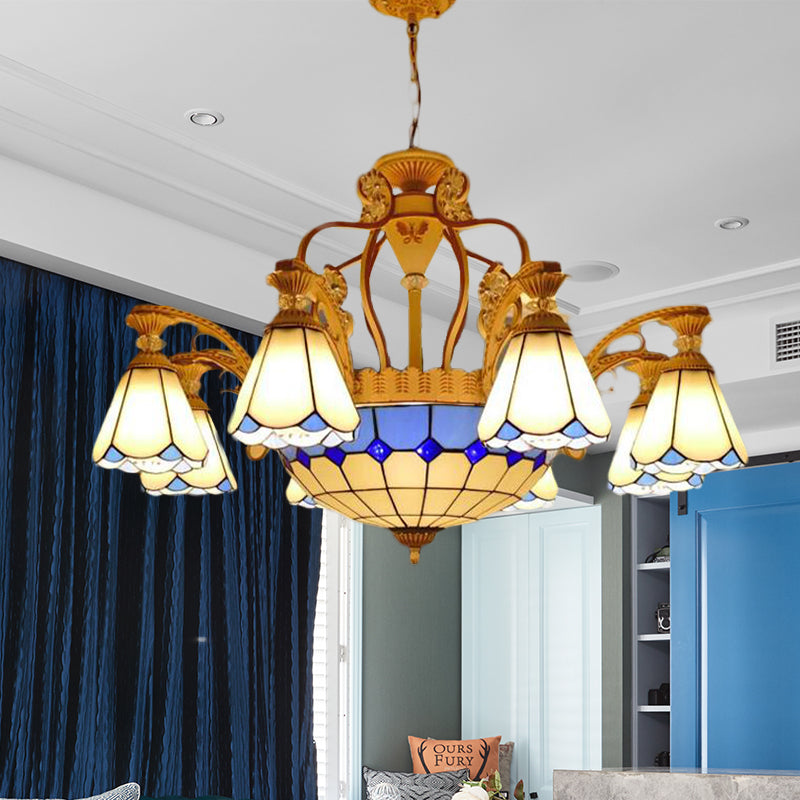 31.5"/37.5" Wide Cone Stained Glass Pendant Chandelier Baroque Style 8/11 Lights White/Blue Suspension Lighting Clearhalo 'Ceiling Lights' 'Chandeliers' 'Industrial' 'Middle Century Chandeliers' 'Tiffany Chandeliers' 'Tiffany close to ceiling' 'Tiffany' Lighting' 293309
