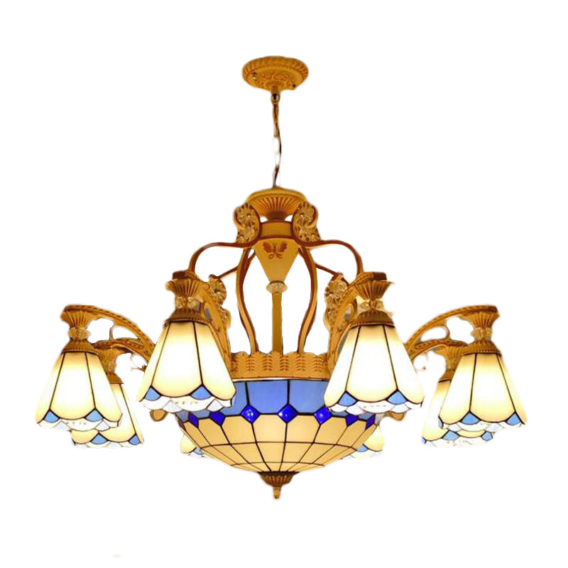 31.5"/37.5" Wide Cone Stained Glass Pendant Chandelier Baroque Style 8/11 Lights White/Blue Suspension Lighting Clearhalo 'Ceiling Lights' 'Chandeliers' 'Industrial' 'Middle Century Chandeliers' 'Tiffany Chandeliers' 'Tiffany close to ceiling' 'Tiffany' Lighting' 293311