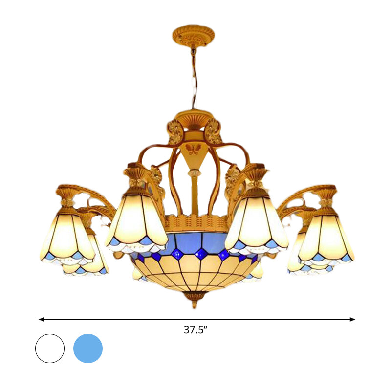 31.5"/37.5" Wide Cone Stained Glass Pendant Chandelier Baroque Style 8/11 Lights White/Blue Suspension Lighting Clearhalo 'Ceiling Lights' 'Chandeliers' 'Industrial' 'Middle Century Chandeliers' 'Tiffany Chandeliers' 'Tiffany close to ceiling' 'Tiffany' Lighting' 293312