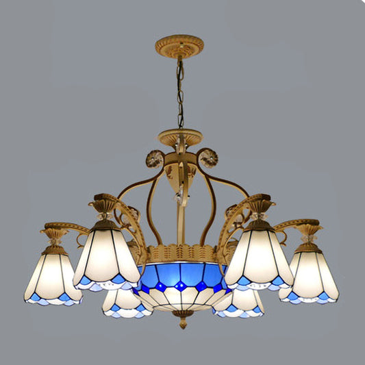 31.5"/37.5" Wide Cone Stained Glass Pendant Chandelier Baroque Style 8/11 Lights White/Blue Suspension Lighting Clearhalo 'Ceiling Lights' 'Chandeliers' 'Industrial' 'Middle Century Chandeliers' 'Tiffany Chandeliers' 'Tiffany close to ceiling' 'Tiffany' Lighting' 293314