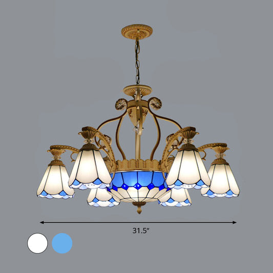 31.5"/37.5" Wide Cone Stained Glass Pendant Chandelier Baroque Style 8/11 Lights White/Blue Suspension Lighting Clearhalo 'Ceiling Lights' 'Chandeliers' 'Industrial' 'Middle Century Chandeliers' 'Tiffany Chandeliers' 'Tiffany close to ceiling' 'Tiffany' Lighting' 293315