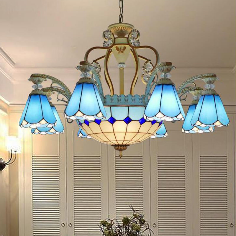 31.5"/37.5" Wide Cone Stained Glass Pendant Chandelier Baroque Style 8/11 Lights White/Blue Suspension Lighting Blue 37.5" Clearhalo 'Ceiling Lights' 'Chandeliers' 'Industrial' 'Middle Century Chandeliers' 'Tiffany Chandeliers' 'Tiffany close to ceiling' 'Tiffany' Lighting' 293317