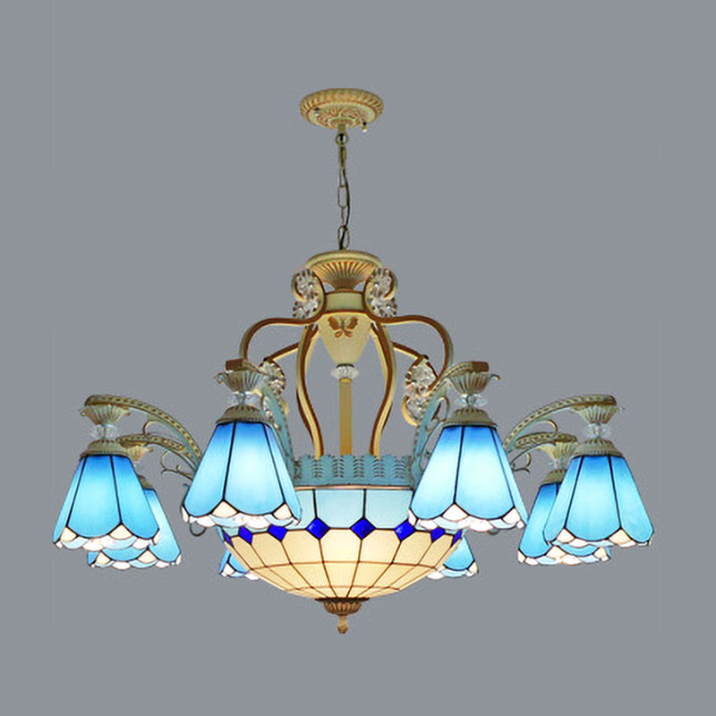 31.5"/37.5" Wide Cone Stained Glass Pendant Chandelier Baroque Style 8/11 Lights White/Blue Suspension Lighting Clearhalo 'Ceiling Lights' 'Chandeliers' 'Industrial' 'Middle Century Chandeliers' 'Tiffany Chandeliers' 'Tiffany close to ceiling' 'Tiffany' Lighting' 293318