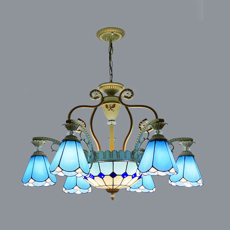 31.5"/37.5" Wide Cone Stained Glass Pendant Chandelier Baroque Style 8/11 Lights White/Blue Suspension Lighting Clearhalo 'Ceiling Lights' 'Chandeliers' 'Industrial' 'Middle Century Chandeliers' 'Tiffany Chandeliers' 'Tiffany close to ceiling' 'Tiffany' Lighting' 293320