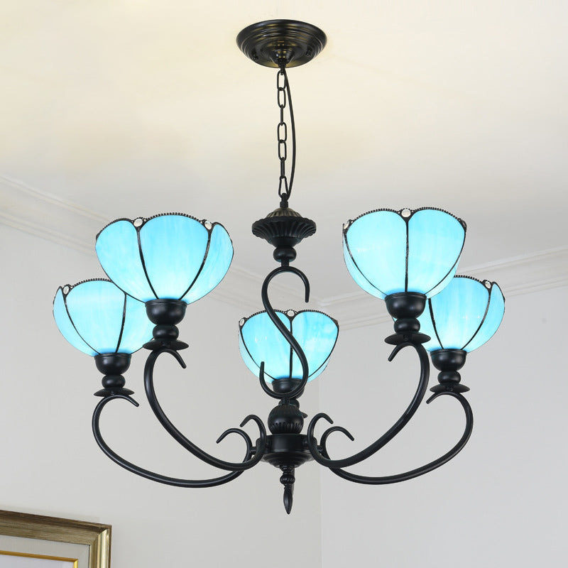 Scalloped Chandelier 3/5/6/8 Lights Blue/Blue and Clear Glass Baroque Pendant Lamp for Dining Room 5 Blue Clearhalo 'Ceiling Lights' 'Chandeliers' 'Close To Ceiling Lights' 'Industrial' 'Middle Century Chandeliers' 'Tiffany Chandeliers' 'Tiffany close to ceiling' 'Tiffany' Lighting' 293331