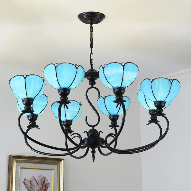 Scalloped Chandelier 3/5/6/8 Lights Blue/Blue and Clear Glass Baroque Pendant Lamp for Dining Room 8 Blue Clearhalo 'Ceiling Lights' 'Chandeliers' 'Close To Ceiling Lights' 'Industrial' 'Middle Century Chandeliers' 'Tiffany Chandeliers' 'Tiffany close to ceiling' 'Tiffany' Lighting' 293339