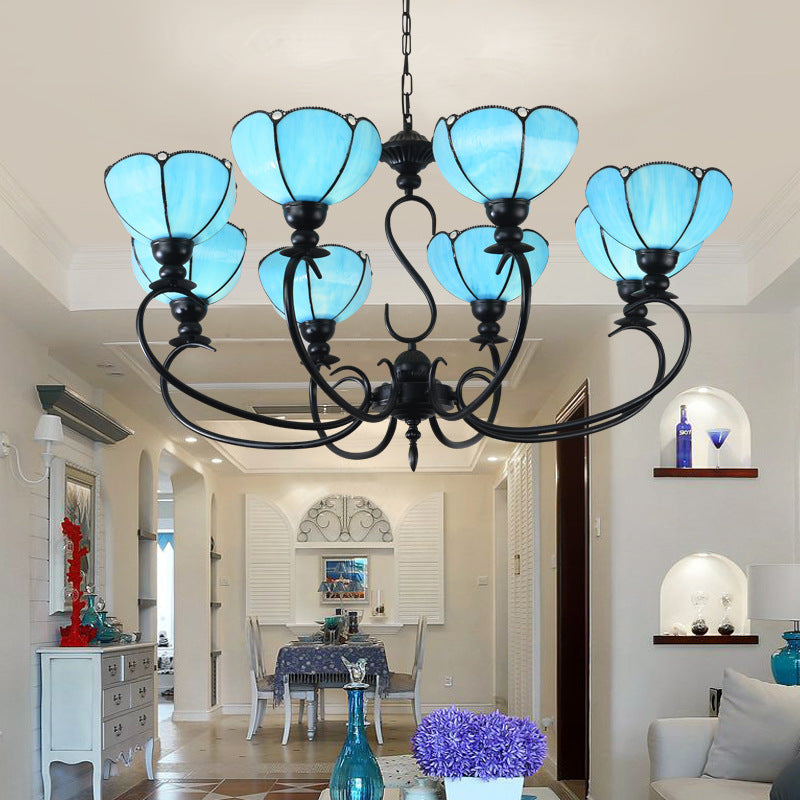Scalloped Chandelier 3/5/6/8 Lights Blue/Blue and Clear Glass Baroque Pendant Lamp for Dining Room Clearhalo 'Ceiling Lights' 'Chandeliers' 'Close To Ceiling Lights' 'Industrial' 'Middle Century Chandeliers' 'Tiffany Chandeliers' 'Tiffany close to ceiling' 'Tiffany' Lighting' 293340