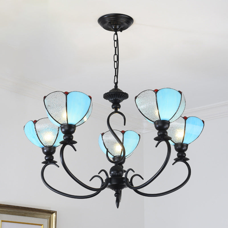 Scalloped Chandelier 3/5/6/8 Lights Blue/Blue and Clear Glass Baroque Pendant Lamp for Dining Room 5 Blue-Clear Clearhalo 'Ceiling Lights' 'Chandeliers' 'Close To Ceiling Lights' 'Industrial' 'Middle Century Chandeliers' 'Tiffany Chandeliers' 'Tiffany close to ceiling' 'Tiffany' Lighting' 293347