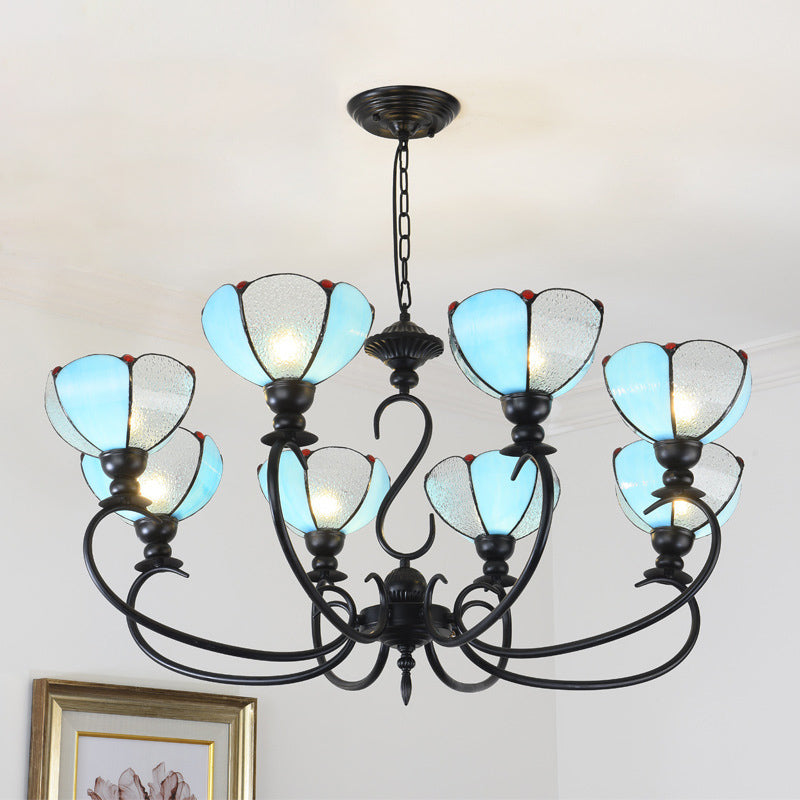 Scalloped Chandelier 3/5/6/8 Lights Blue/Blue and Clear Glass Baroque Pendant Lamp for Dining Room 8 Blue-Clear Clearhalo 'Ceiling Lights' 'Chandeliers' 'Close To Ceiling Lights' 'Industrial' 'Middle Century Chandeliers' 'Tiffany Chandeliers' 'Tiffany close to ceiling' 'Tiffany' Lighting' 293355