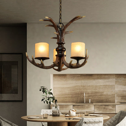 Brown 3/5 Bulbs Ceiling Chandelier Rustic White Frosted Glass Cylindrical Hanging Pendant Light with Antler Resin Decoration 3 Brown Clearhalo 'Ceiling Lights' 'Chandeliers' Lighting' options 293360_32308c5a-f64a-45c7-b6da-edec3e2e21a1