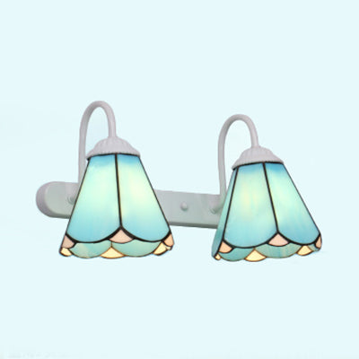 2 Heads Vanity Lighting Fixture Tiffany Cone White/Blue Glass Wall Mounted Light for Bedroom Blue Clearhalo 'Industrial' 'Middle century wall lights' 'Tiffany wall lights' 'Tiffany' 'Wall Lamps & Sconces' 'Wall Lights' Lighting' 29337
