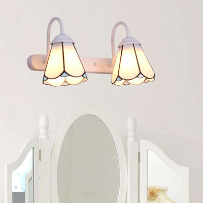 2 Heads Vanity Lighting Fixture Tiffany Cone White/Blue Glass Wall Mounted Light for Bedroom White Clearhalo 'Industrial' 'Middle century wall lights' 'Tiffany wall lights' 'Tiffany' 'Wall Lamps & Sconces' 'Wall Lights' Lighting' 29339