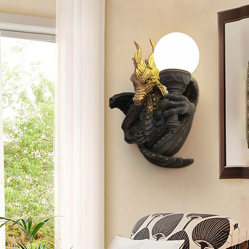 Cream Glass Black Wall Lamp Globe 1 Bulb Traditional Sconce Light Fixture with Dragon Shape Resin Backplate Black Clearhalo 'Wall Lamps & Sconces' 'Wall Lights' Lighting' 293395