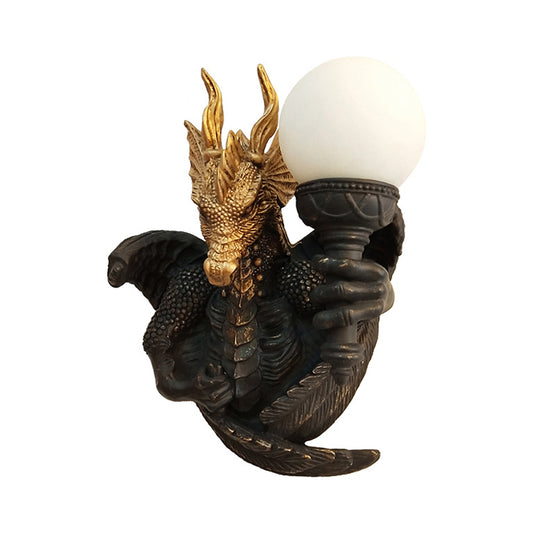 Cream Glass Black Wall Lamp Globe 1 Bulb Traditional Sconce Light Fixture with Dragon Shape Resin Backplate Clearhalo 'Wall Lamps & Sconces' 'Wall Lights' Lighting' 293398