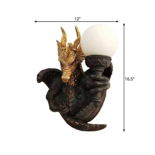 Cream Glass Black Wall Lamp Globe 1 Bulb Traditional Sconce Light Fixture with Dragon Shape Resin Backplate Clearhalo 'Wall Lamps & Sconces' 'Wall Lights' Lighting' 293399