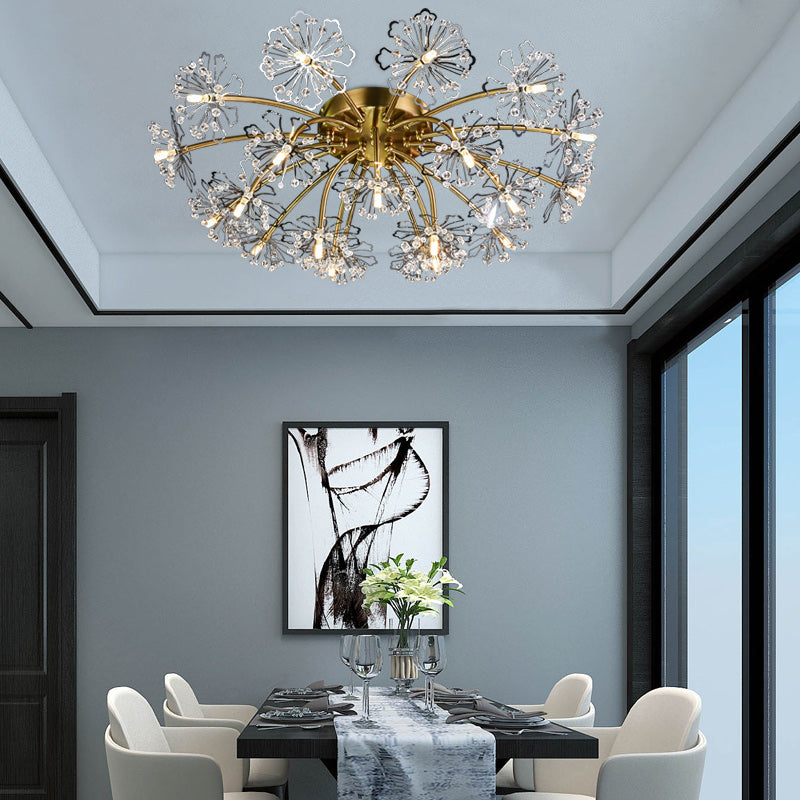 Gold Dandelion Semi Flush Mount Postmodern Crystal Beaded 21 Lights Dining Room Ceiling Lighting Clearhalo 'Ceiling Lights' 'Close To Ceiling Lights' 'Close to ceiling' 'Semi-flushmount' Lighting' 293424