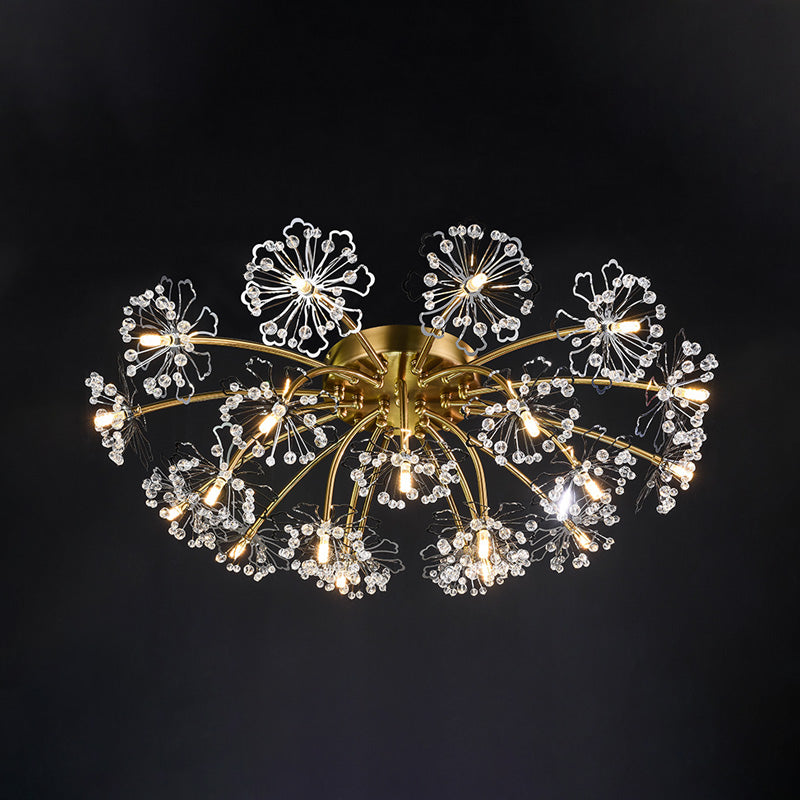 Gold Dandelion Semi Flush Mount Postmodern Crystal Beaded 21 Lights Dining Room Ceiling Lighting Clearhalo 'Ceiling Lights' 'Close To Ceiling Lights' 'Close to ceiling' 'Semi-flushmount' Lighting' 293425