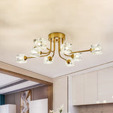 Postmodern Curved Arm Semi Flush Mount Light 8 Heads Cubic Crystal Ceiling Fixture in Gold Gold Clearhalo 'Ceiling Lights' 'Close To Ceiling Lights' 'Close to ceiling' 'Semi-flushmount' Lighting' 293434