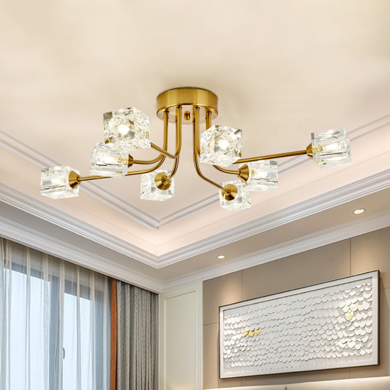 Postmodern Curved Arm Semi Flush Mount Light 8 Heads Cubic Crystal Ceiling Fixture in Gold Clearhalo 'Ceiling Lights' 'Close To Ceiling Lights' 'Close to ceiling' 'Semi-flushmount' Lighting' 293435