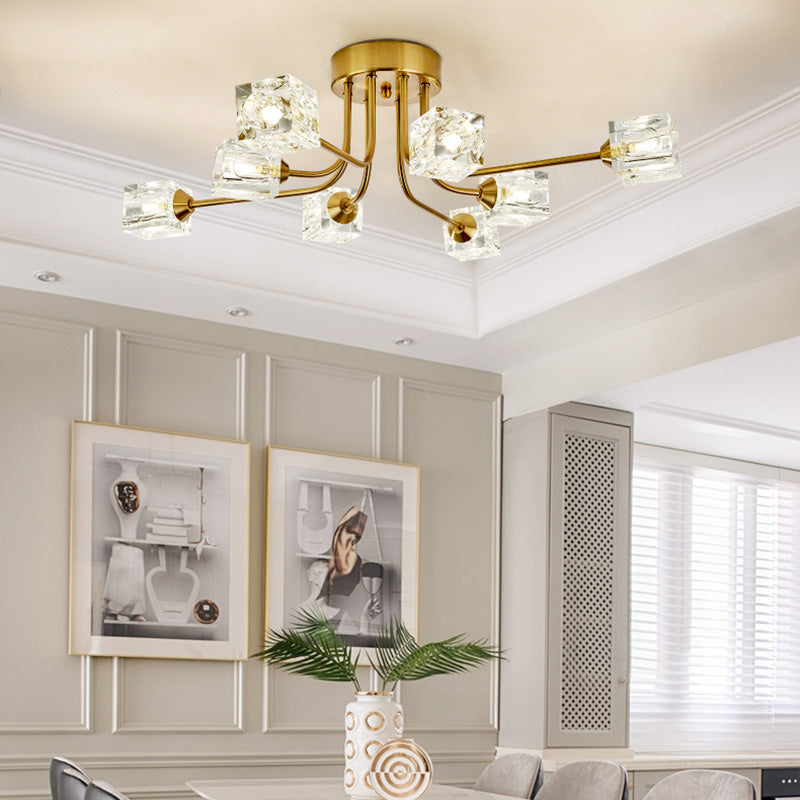 Postmodern Curved Arm Semi Flush Mount Light 8 Heads Cubic Crystal Ceiling Fixture in Gold Clearhalo 'Ceiling Lights' 'Close To Ceiling Lights' 'Close to ceiling' 'Semi-flushmount' Lighting' 293436