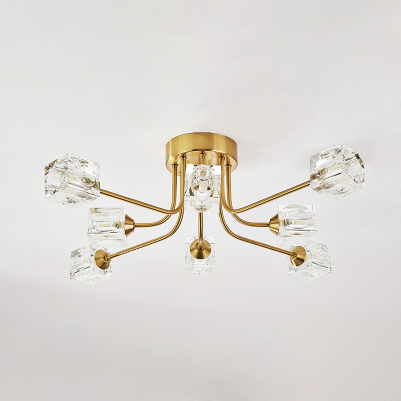 Postmodern Curved Arm Semi Flush Mount Light 8 Heads Cubic Crystal Ceiling Fixture in Gold Clearhalo 'Ceiling Lights' 'Close To Ceiling Lights' 'Close to ceiling' 'Semi-flushmount' Lighting' 293437