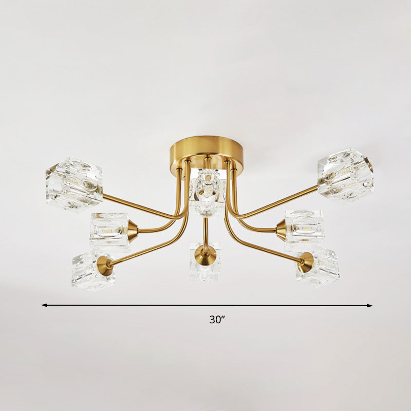 Postmodern Curved Arm Semi Flush Mount Light 8 Heads Cubic Crystal Ceiling Fixture in Gold Clearhalo 'Ceiling Lights' 'Close To Ceiling Lights' 'Close to ceiling' 'Semi-flushmount' Lighting' 293438
