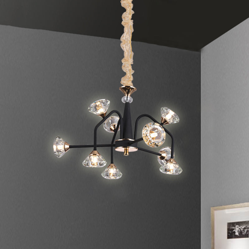 Black 9/12 Lights Chandelier Light Modern Pyramid Crystal Curved Arm Hanging Ceiling Light 9 Black Clearhalo 'Ceiling Lights' 'Chandeliers' Lighting' options 293452_919c305d-119f-48cc-bbd5-5ef902dabfe6