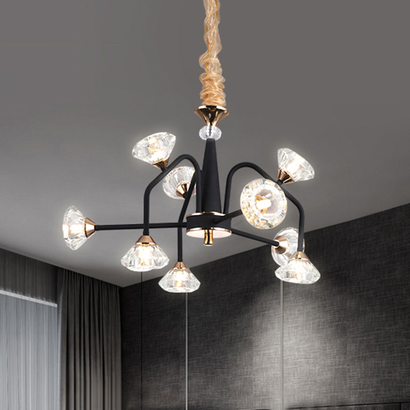 Black 9/12 Lights Chandelier Light Modern Pyramid Crystal Curved Arm Hanging Ceiling Light Clearhalo 'Ceiling Lights' 'Chandeliers' Lighting' options 293453