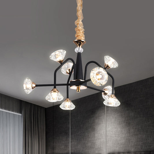 Black 9/12 Lights Chandelier Light Modern Pyramid Crystal Curved Arm Hanging Ceiling Light Clearhalo 'Ceiling Lights' 'Chandeliers' Lighting' options 293453
