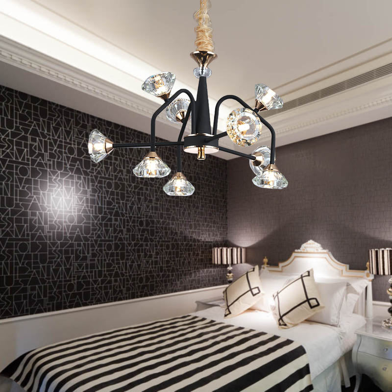 Black 9/12 Lights Chandelier Light Modern Pyramid Crystal Curved Arm Hanging Ceiling Light Clearhalo 'Ceiling Lights' 'Chandeliers' Lighting' options 293454